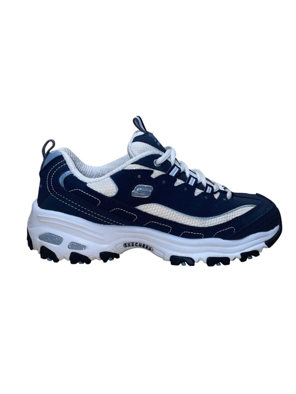 Skechers Women’s Navy & White Leather Rhinestone D’Lites Sneakers Size 7